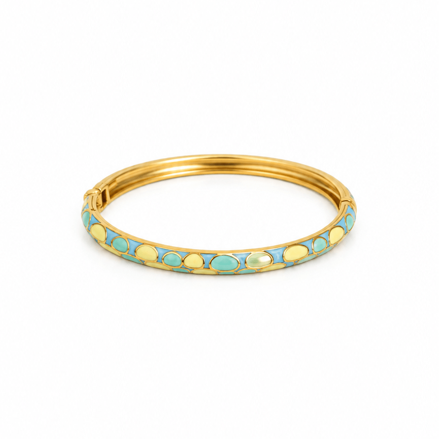 Bracciale Positano rigido in acciaio inox waterproof color oro con motivo smaltato azzurro e giallo.