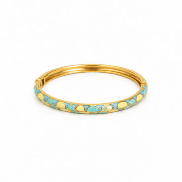 Bracciale Positano rigido in acciaio inox waterproof color oro con motivo smaltato azzurro e giallo.